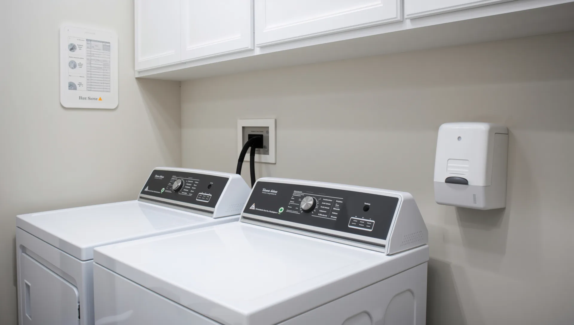 A washer and dryer pair in a bright laundry room