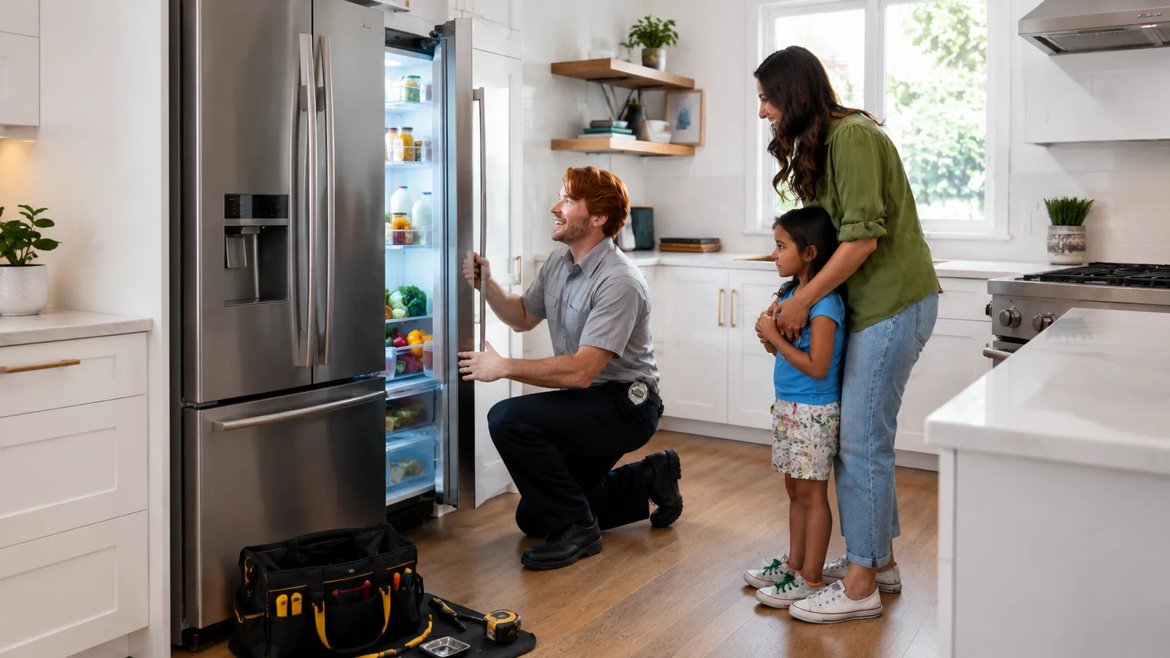 A homeowner and an Appliance Repair Sherwood Park technician review a repair together in front of an open French-door refrigerator