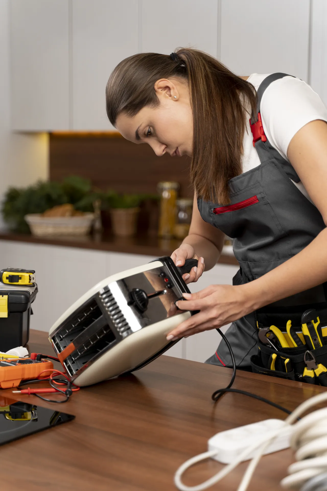 A Appliance Repair Sherwood Park technician diagnoses a small appliance with a multimeter