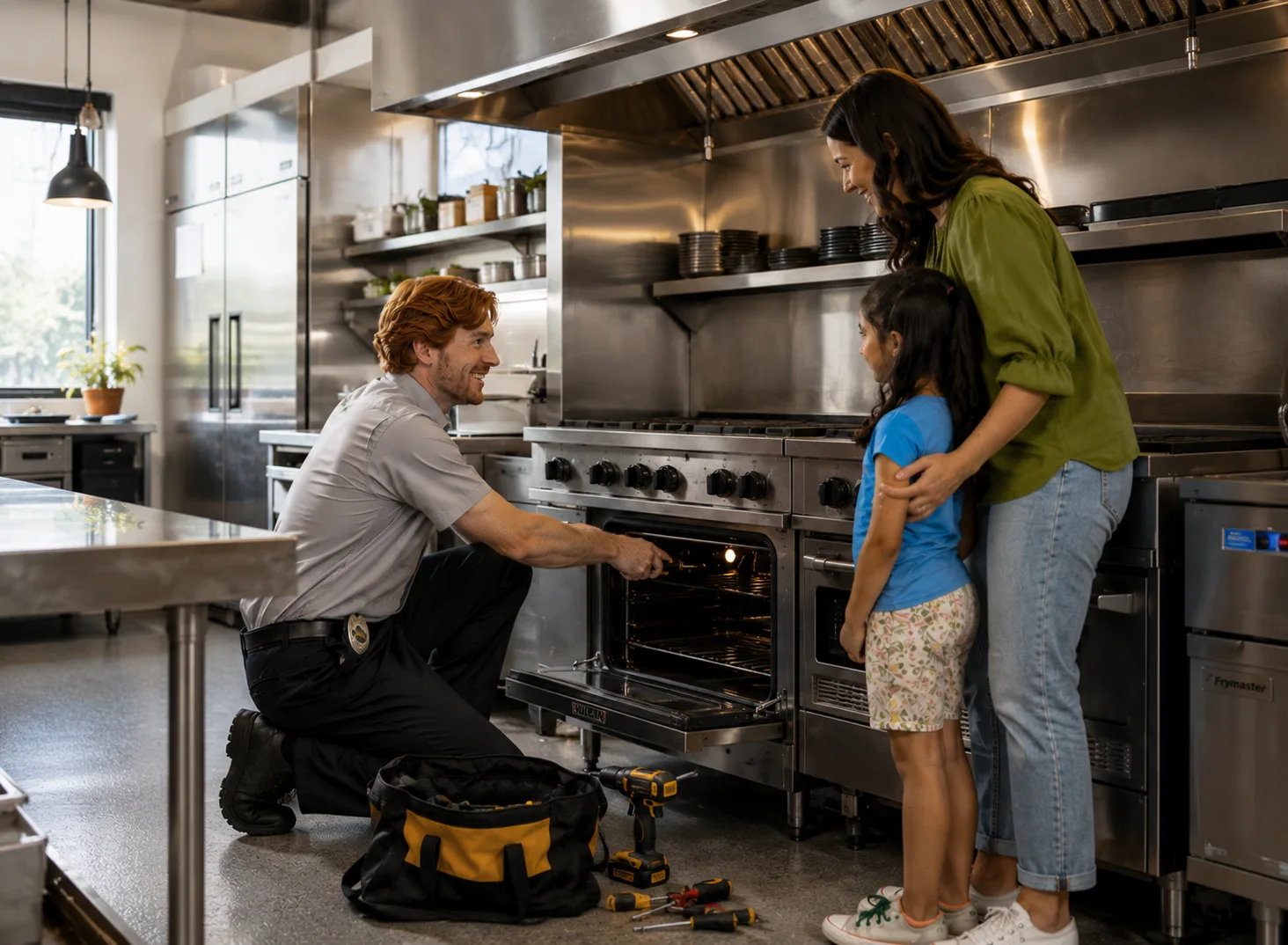 A friendly technician kneels at an open commercial oven, showing a mother and daughter the repair in a stainless steel kitchen. Appliance Repair Sherwood Park delivers warm, trusted oven repair service families can watch and understand.