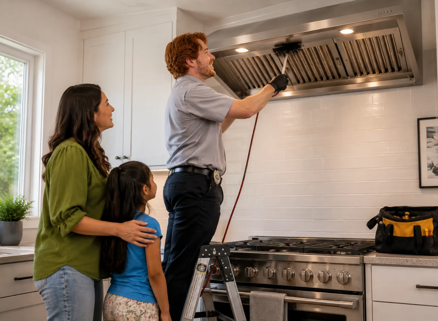 A Appliance Repair Sherwood Park technician on a ladder brushes out stainless range hood filters above a gas stove while a mother and daughter watch. The bright kitchen scene conveys meticulous, family-friendly range hood cleaning and maintenance.